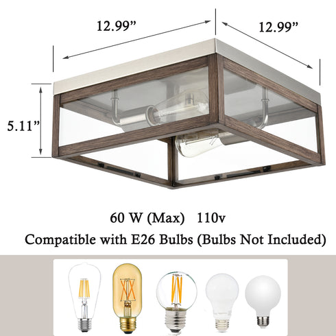 Monviso Rustic Farmhouse Flush Mount Ceiling Light Brush Nickel / Bronze 2-Lights